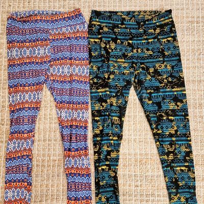 Two Pairs TC LuLaRoe Tall & Curvy Leggings Aztec Styles Bright And Dark Colors